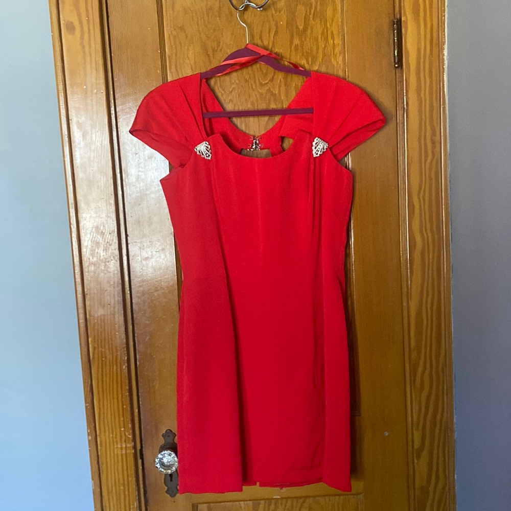 Red formal short dress with faux crystal  clasps front and back